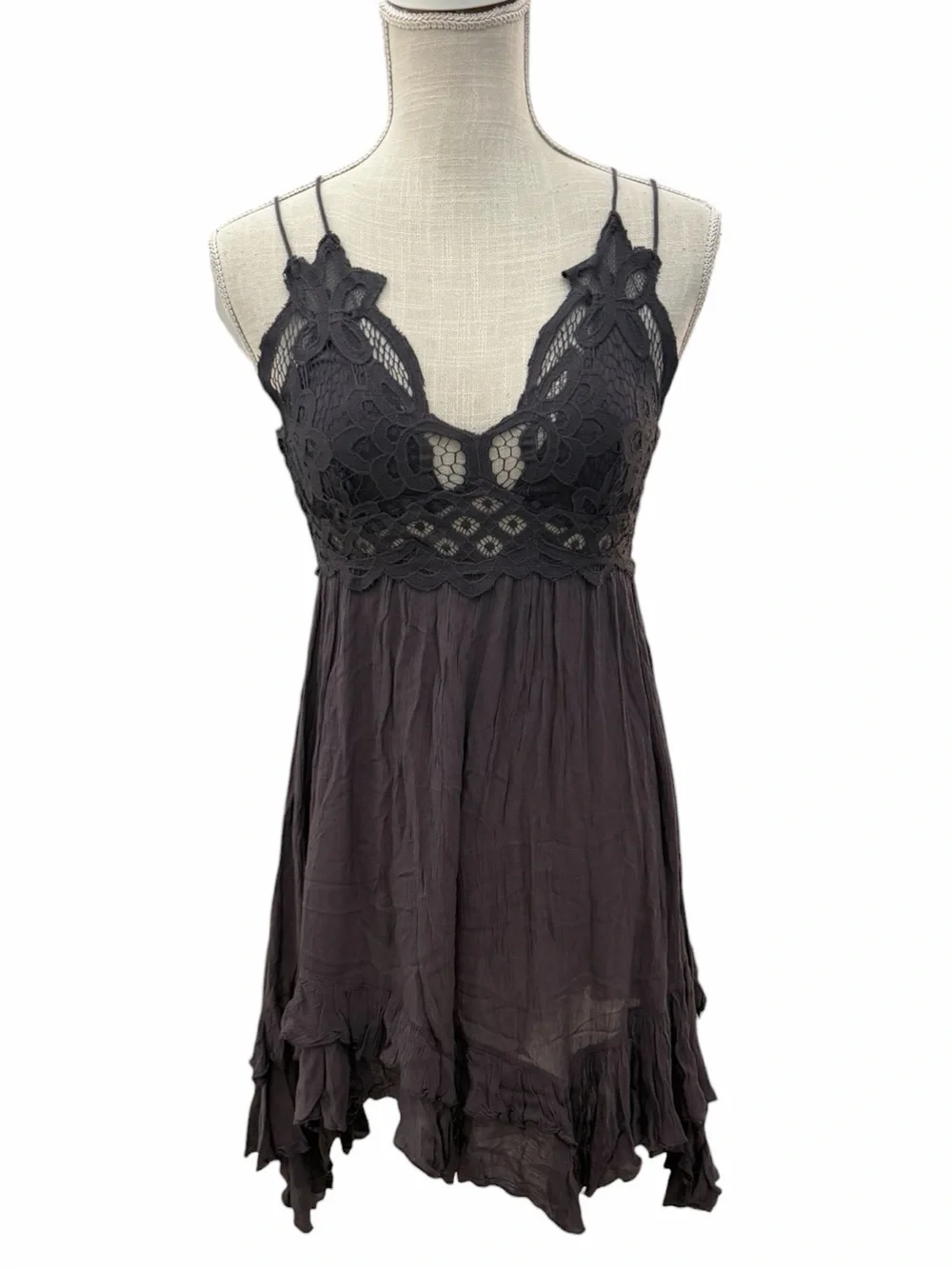 Free People Adella Lace Slip Dress Gray Small Boho Asymmetric Mini - Picture 2 of 12